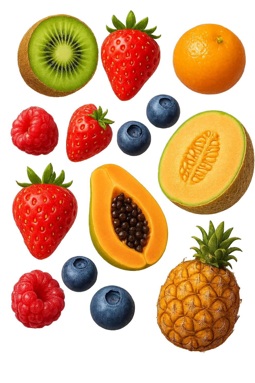 emoji stile iphone 3d di kiwi, fragole, lamponi, mirtilli, ananas, mandarini, papaya, melone cantalupo
 che fluttuano in aria, iperealistico 4k emoji