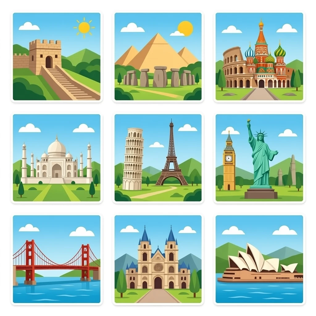 The great pyramid, the Great Wall of China, colosseum, Stonehenge, saint basil’s cathedral, Taj Mahal, the leaning tower of Pisa, Big Ben, Eiffel Tower, the Statue of Liberty, Machu Picchu, Christ the redeemer, sultan Ahmed mosque, Golden Gate Bridge, Notre dame de Paris, Sydney opera house, emoji