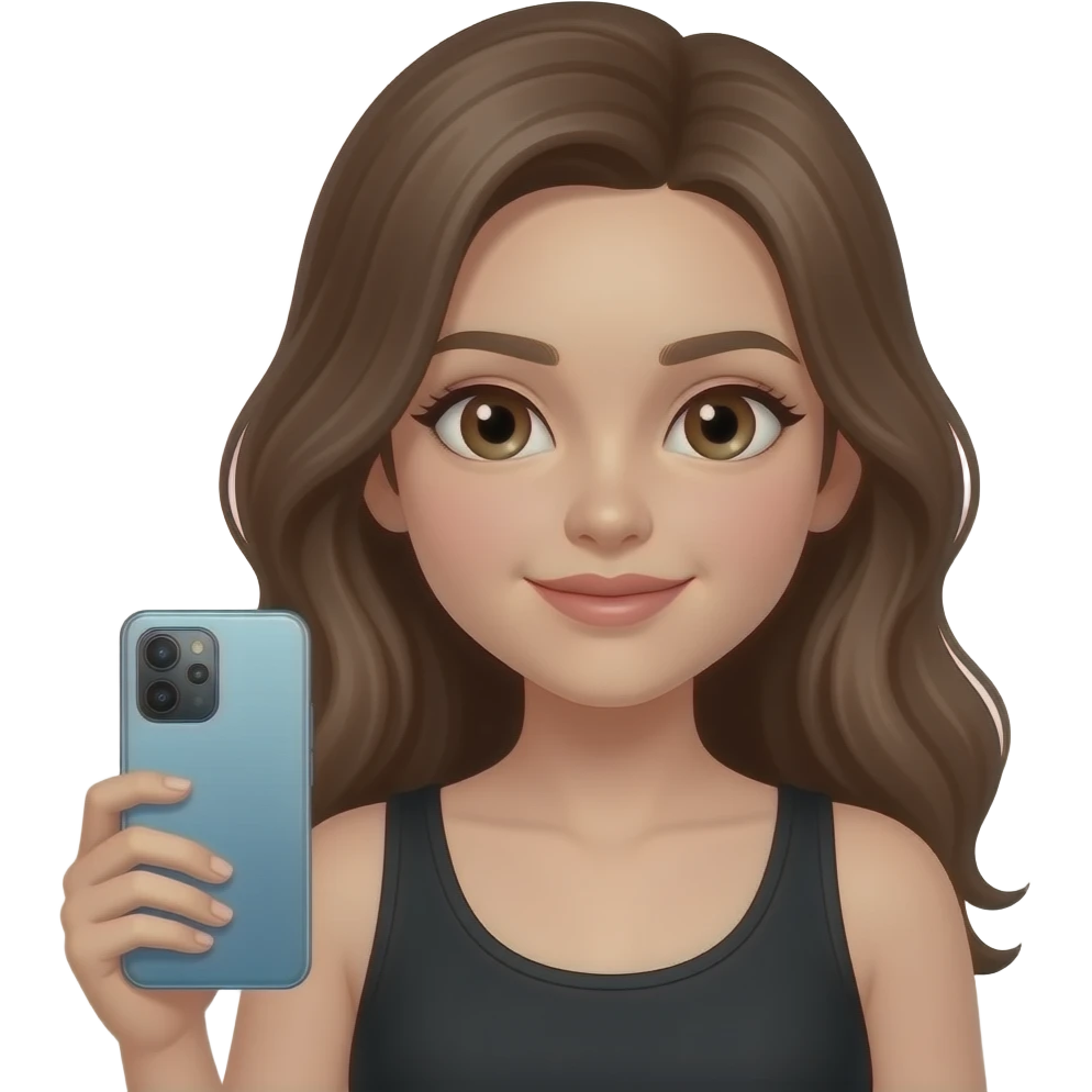 Девочка с коричневыми волосами карими глазами в черной майке с телефоном Xiaomi 11 T в руке emoji