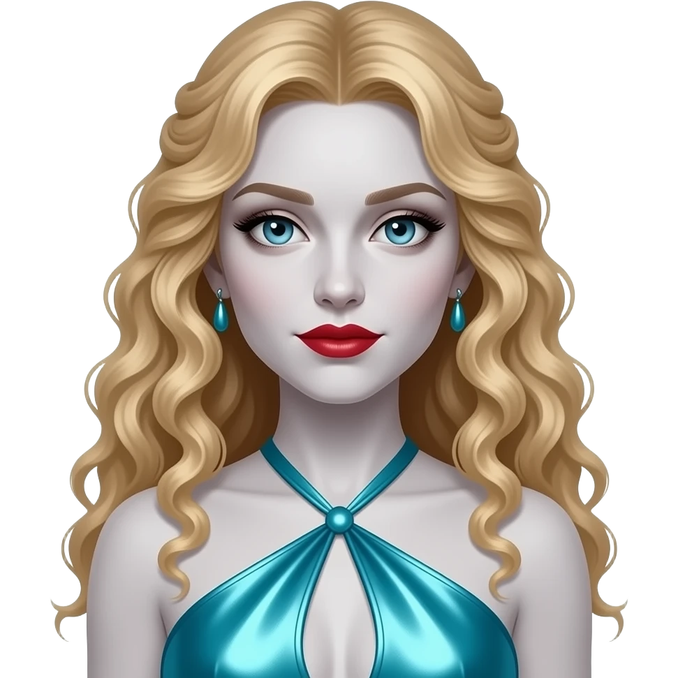 Claudia from The Vampire Chronicles with pale-grey skin, blue eyes, long blonde curly hair, red lipstick, aqua blue metallic halter dress, aqua earrings emoji