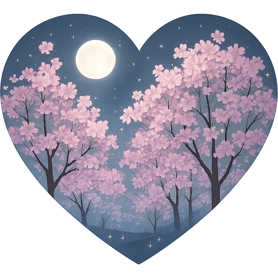 heart with a moonlit cherry blossom grove, clean digital illustration emoji