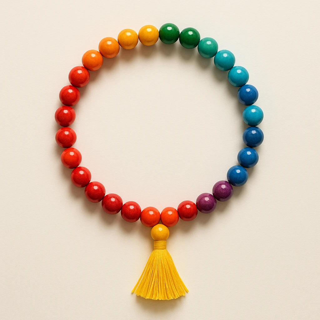 prayer beads, colorful, arranged in a circle, bright tassel, minimal background emoji