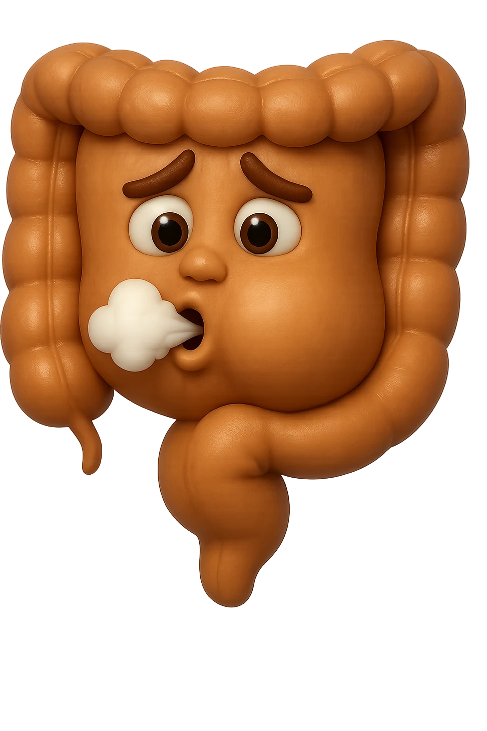 emoji stile iphone di un intestino che ingoia una nuvoletta di aria ben visibile e gli si gonfia la pancia, iperrealistico 4k emoji
