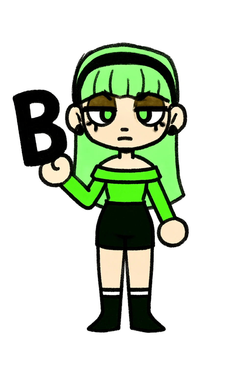 Add a bold black letter B in the character's right hand, keeping the original style and pose intact. Only add the letter, do not change anything else. emoji