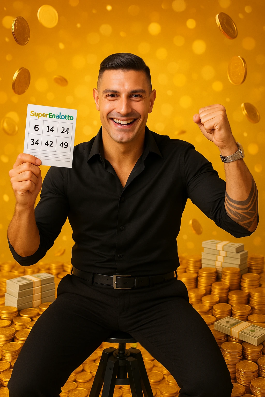 Uomo che vince al superenalotto italiano facendo 6 numeri, quindi è milionario emoji