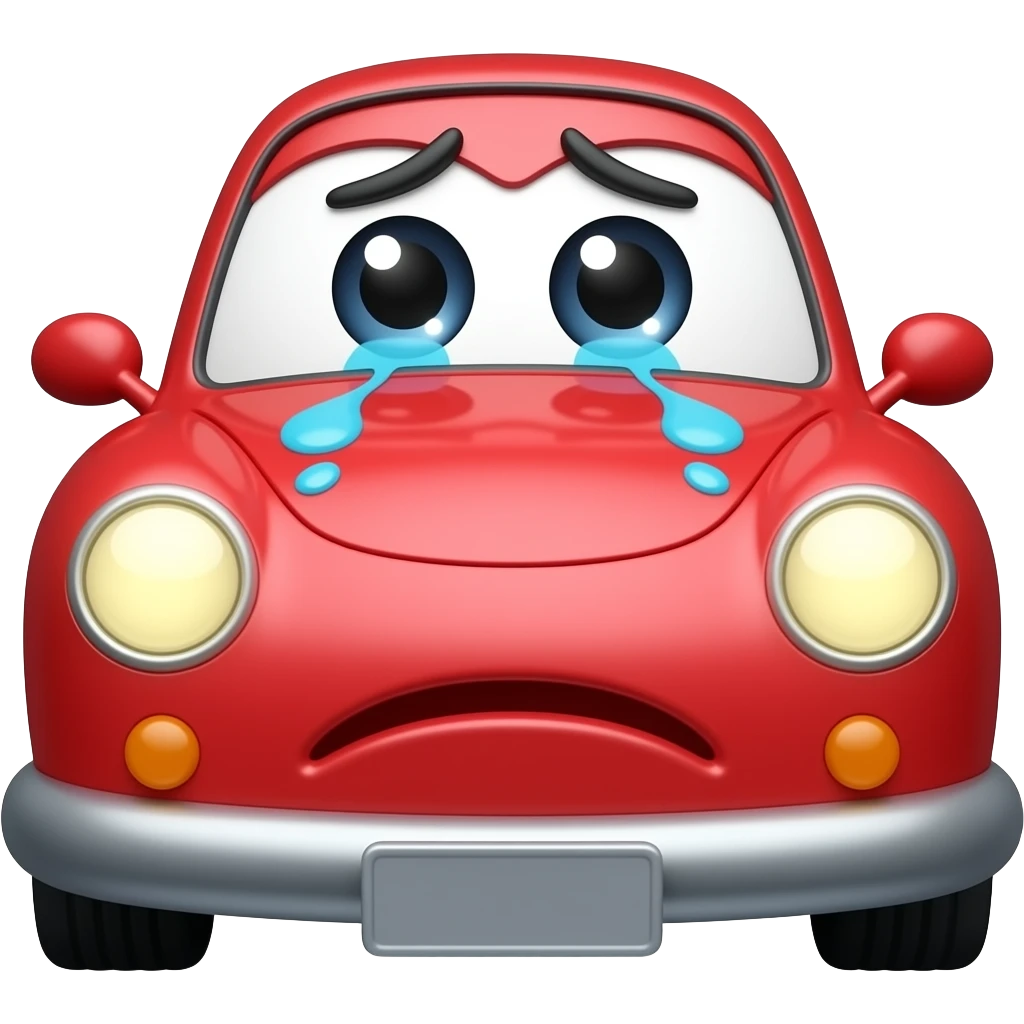 Sad cartoon red car with big pupils and crying eyes as the headlights emoji