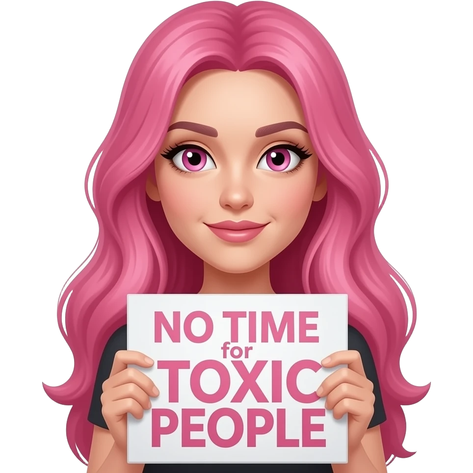 sexy girl with long pink hair and pink eyes holding a NO TIME for TOXIC PEOPLE sign emoji