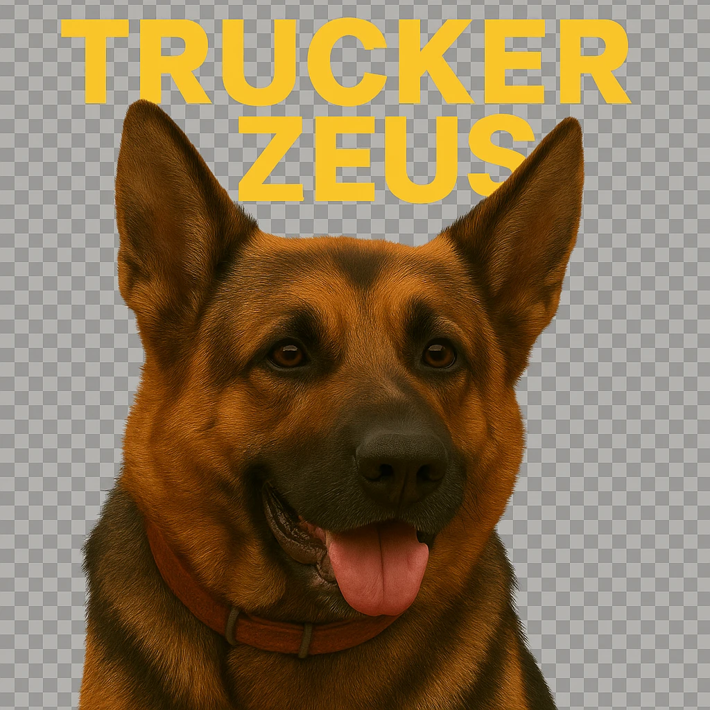 Apply maximum compression to reduce file size as much as possible while keeping transparency, realistic German Shepherd, and yellow 'Trucker Zeus' text. emoji