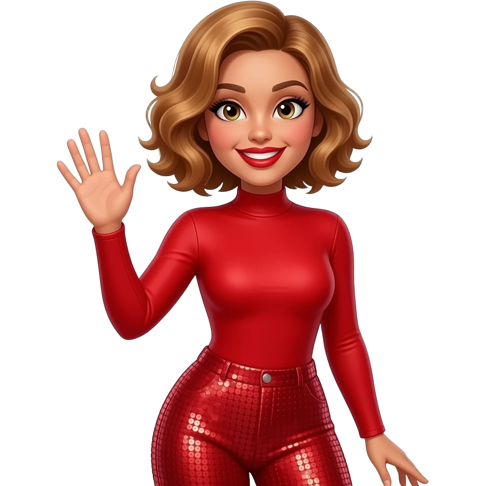 glamours,-tanned,-very-beautiful-woman-with-big-plump-red-lips,-long-lashes,-honey-silky-very short- hair,-wavy-hair,-hazel-eyes- wearing-Red-Long-sleeved-bodysuit-Red-sequinned-pants-Her-eyes-sparkle-and-she-is-smiling-Hand-up-waving-hello emoji