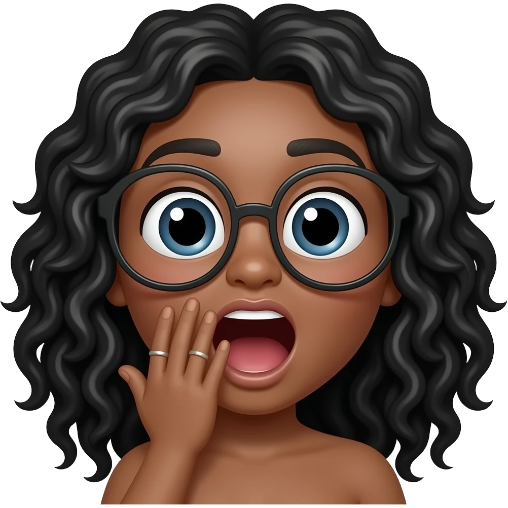 Kawaii style round light brown glossy with oversized glasses and long curly black hair, yawning with hand in front of mouth emoji