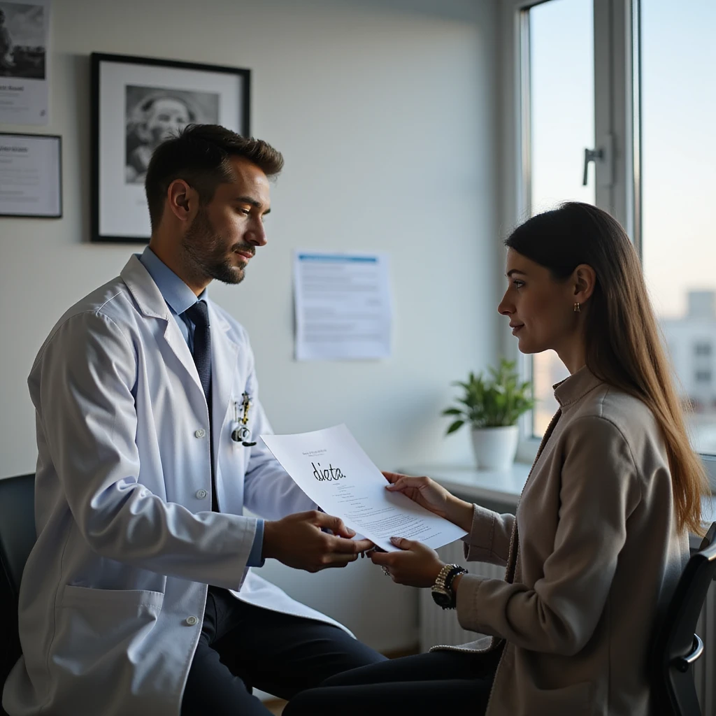 hyperrealistic scene in 4K of a male nutritionist wearing a white coat handing a sheet with the word 'dieta' to a seated female patient in his medical office emoji