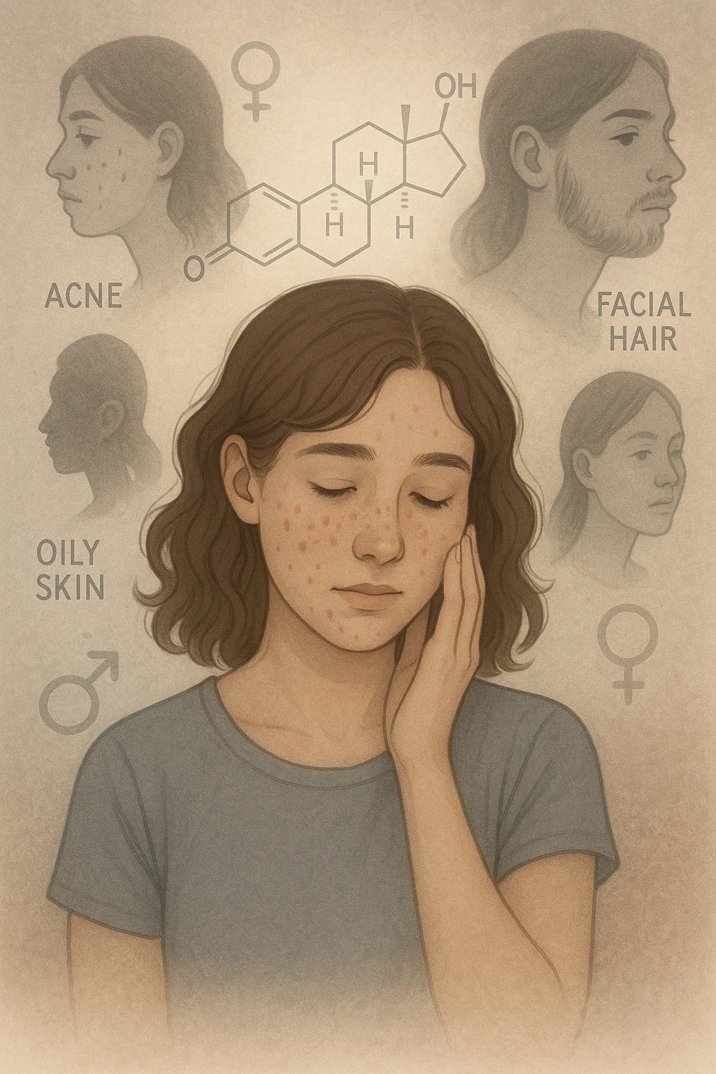 A young woman is surrounded by faint overlays of hormonal symbols and androgen molecules, with shadowy images of acne, facial hair, and oily skin projected around her, symbolizing the symptoms of PCOS with androgen excess. She looks down, gently touching her face with a resigned but hopeful expression, symbolizing her journey toward managing these symptoms. emoji