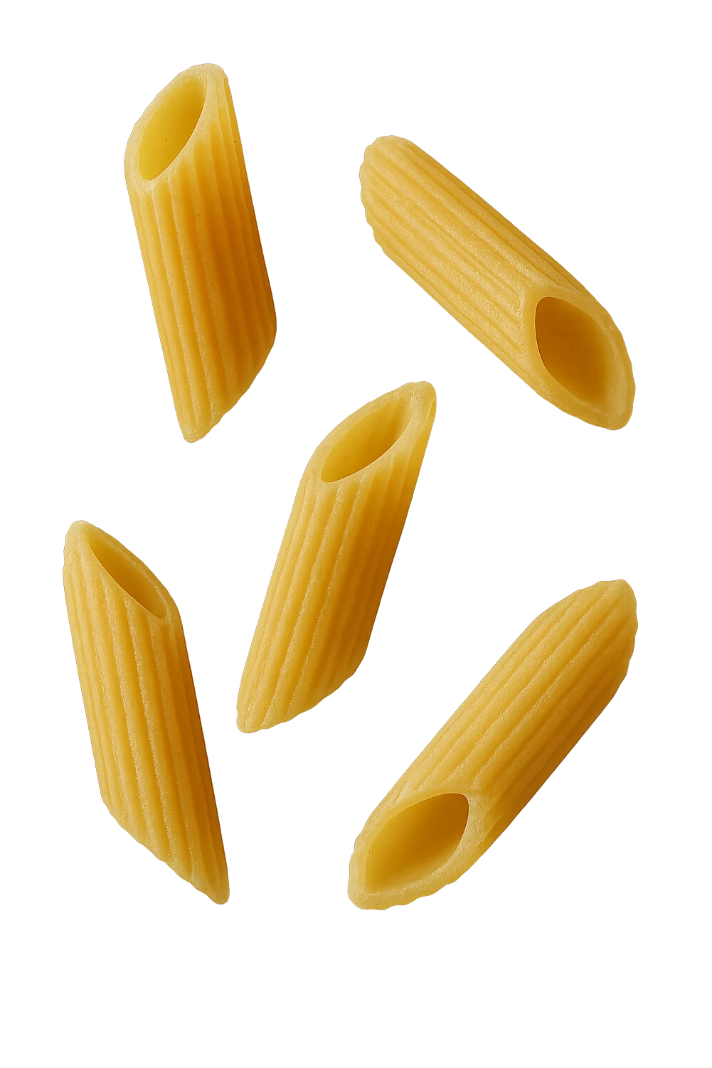 5 PENNE DI PASTA RIGATE FLUTTUANO IN ARIA,  iperrealistico 4k emoji