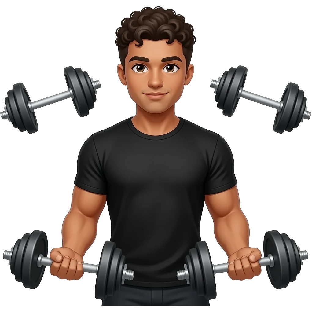muscular 22 year old, Olive skin male, with short curly hair, with almond eyes, black T-shirt, lifting weights emoji