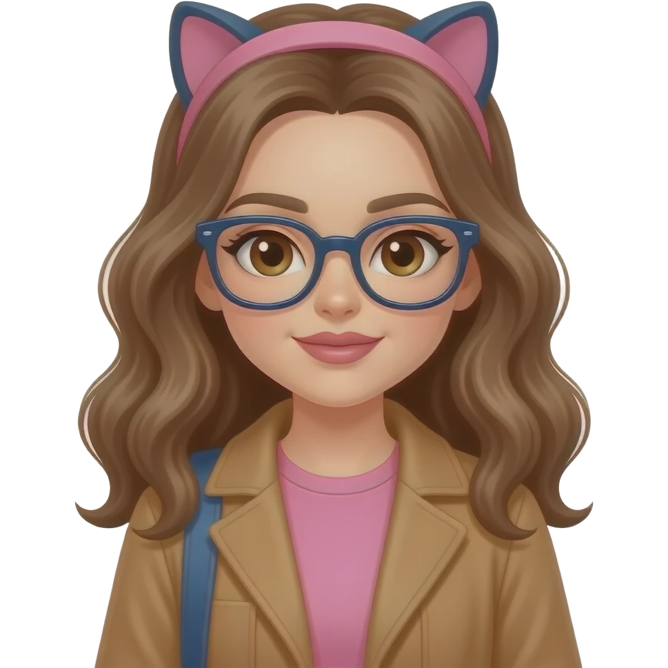 Make a very light brown wavy long hair girl with white skin brown eyes wearing dark blue cat eye wearing a brown coat pink undershirt blue flare jeans pink headband pink lips make her as a student in Wien emoji