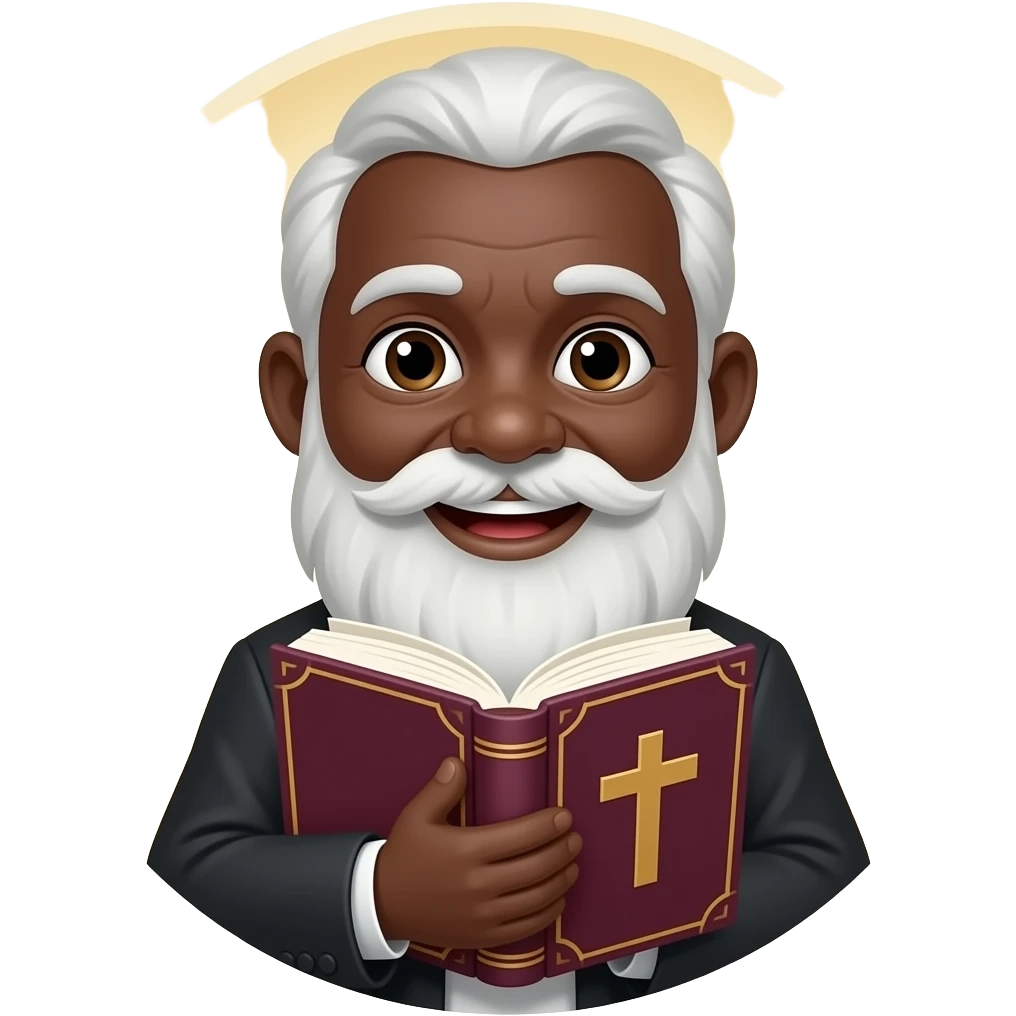 wise old man with greying white hair white beard black skin smile with burgundy book that has a cross on it no circle emoji