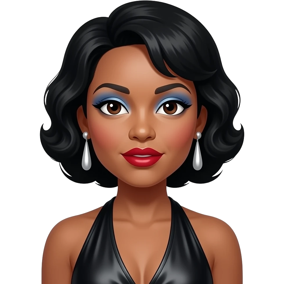 Bille Holiday with dark brown eyes, black hair, periwinkle eyeshadow, red lipstick, black metallic halter dress, silver earrings emoji