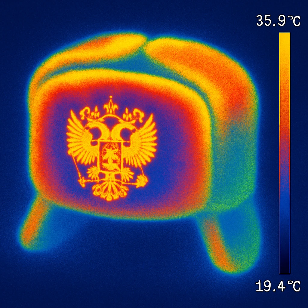 Russian hat ushank with the coat of arms of Russia, with background, thermal camera style emoji