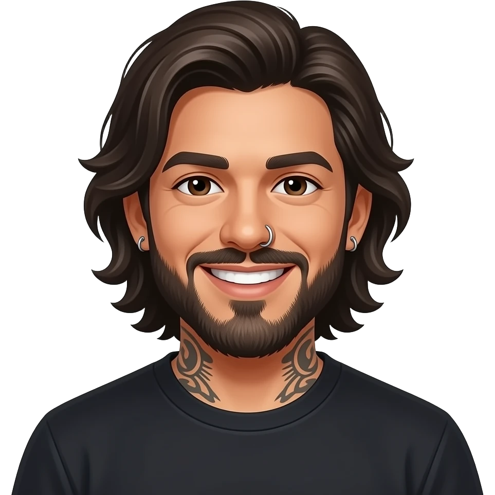 The handsome Latino podcast host with medium length hair, a long beard and tattoos with his ears pierced and a nose ring on the right side, smiling emoji