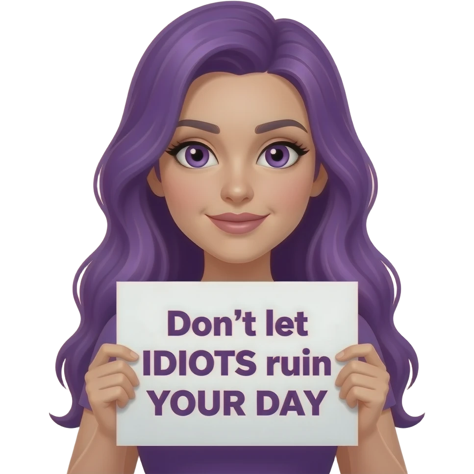 sexy girl with long purple hair and purple eyes holding Don't let IDIOTS ruin YOUR DAY sign emoji