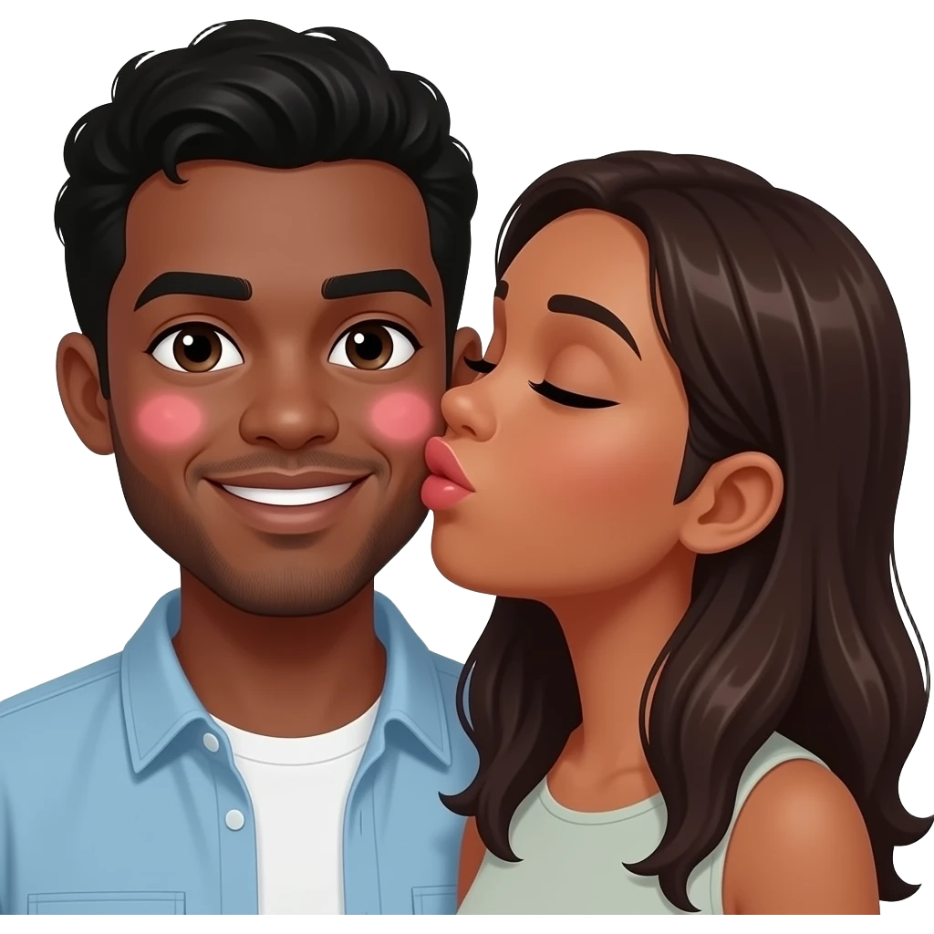 Black woman kissing pale black man on the cheeks as the black man blushes emoji
