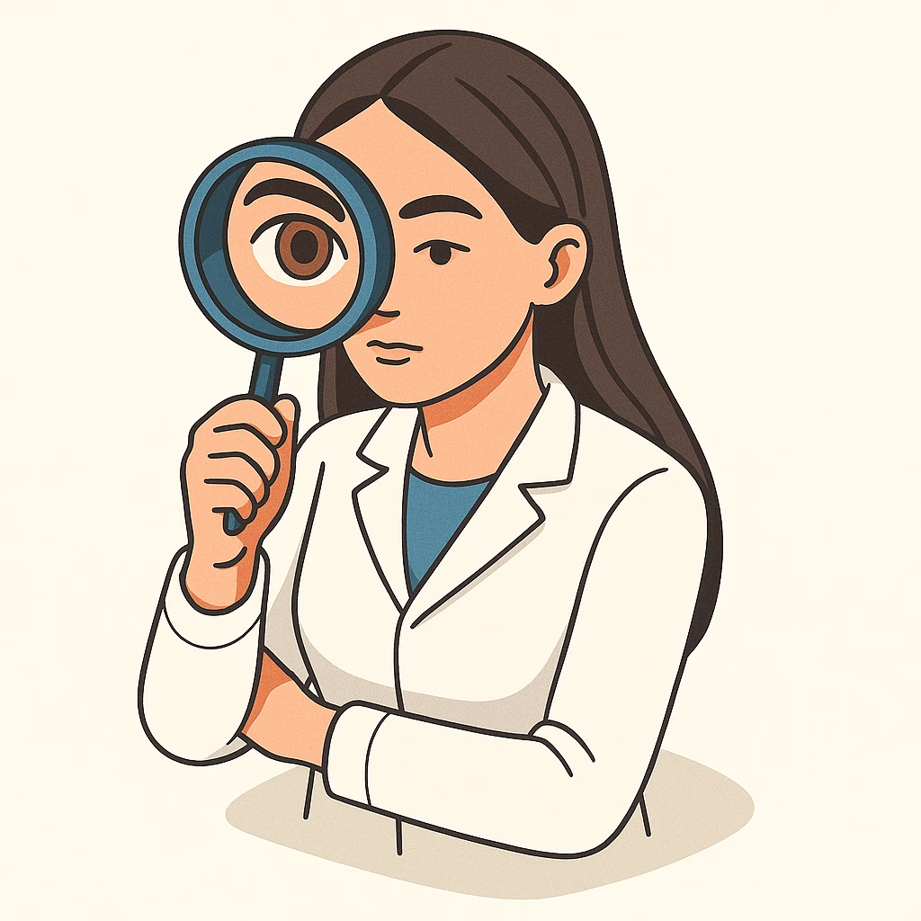 Front view of a female doctor with dark long straight hair and detailed brown eyes (not just dots), wearing a white coat, in 2D isometric style with a minimalist background. She is looking straight into the camera through a magnifying glass, with one eye enlarged and distorted like a fisheye lens. Appearance matches the reference. emoji