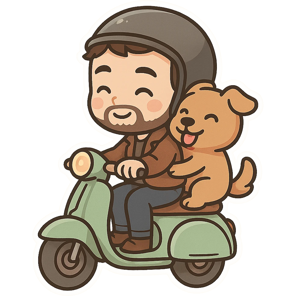 man and his pet dog riding a vespa emoji