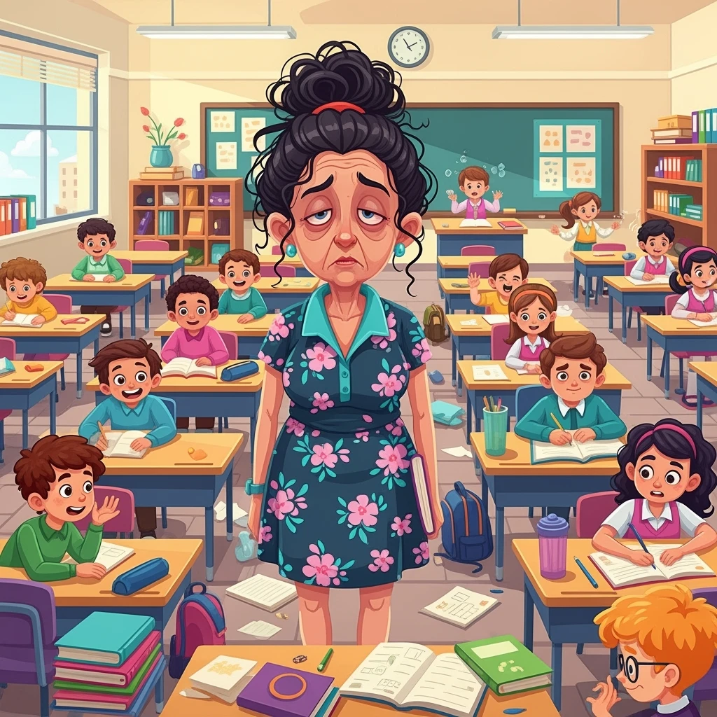 vector cartoon art of a exhausted teacher in a bustling classroom emoji