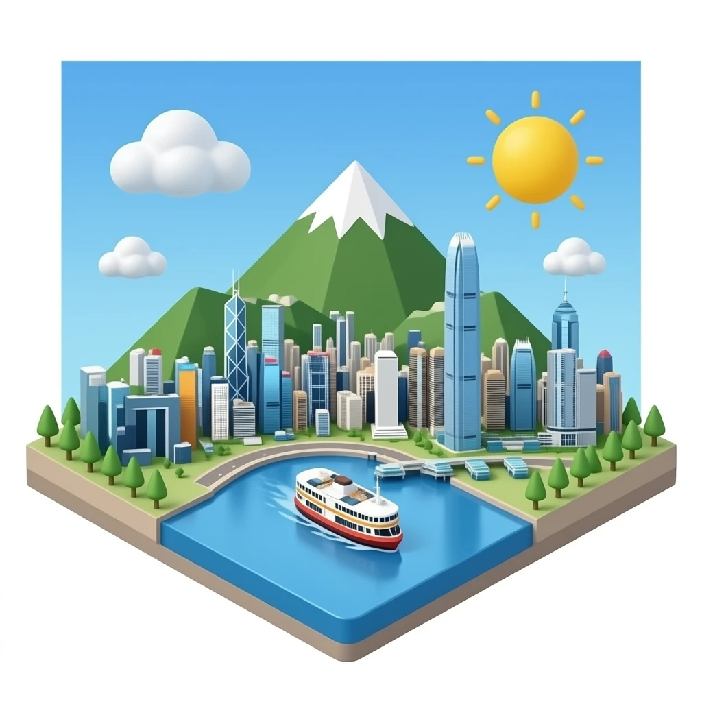 3D isometric miniature emoji of Hong Kong skyline with Victoria Peak view, dense skyscrapers, Victoria Harbour, Star Ferry, cute chibi style, rounded shapes, glossy vibrant colors, soft lighting, tiny diorama, minimal background emoji
