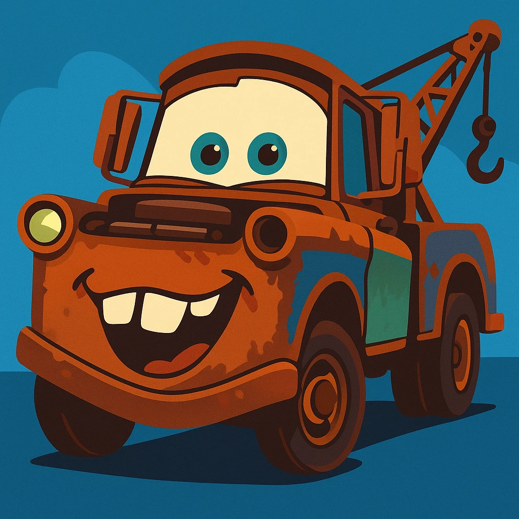 Mater from Cars, smiling, Pixar-inspired style emoji