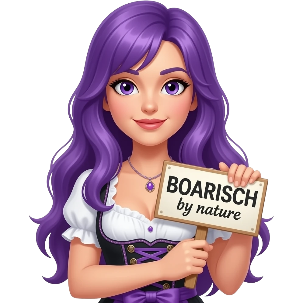 sexy girl with long purple hair and purple eyes wearing a dirndl holding a BOARISCH by nature sign emoji