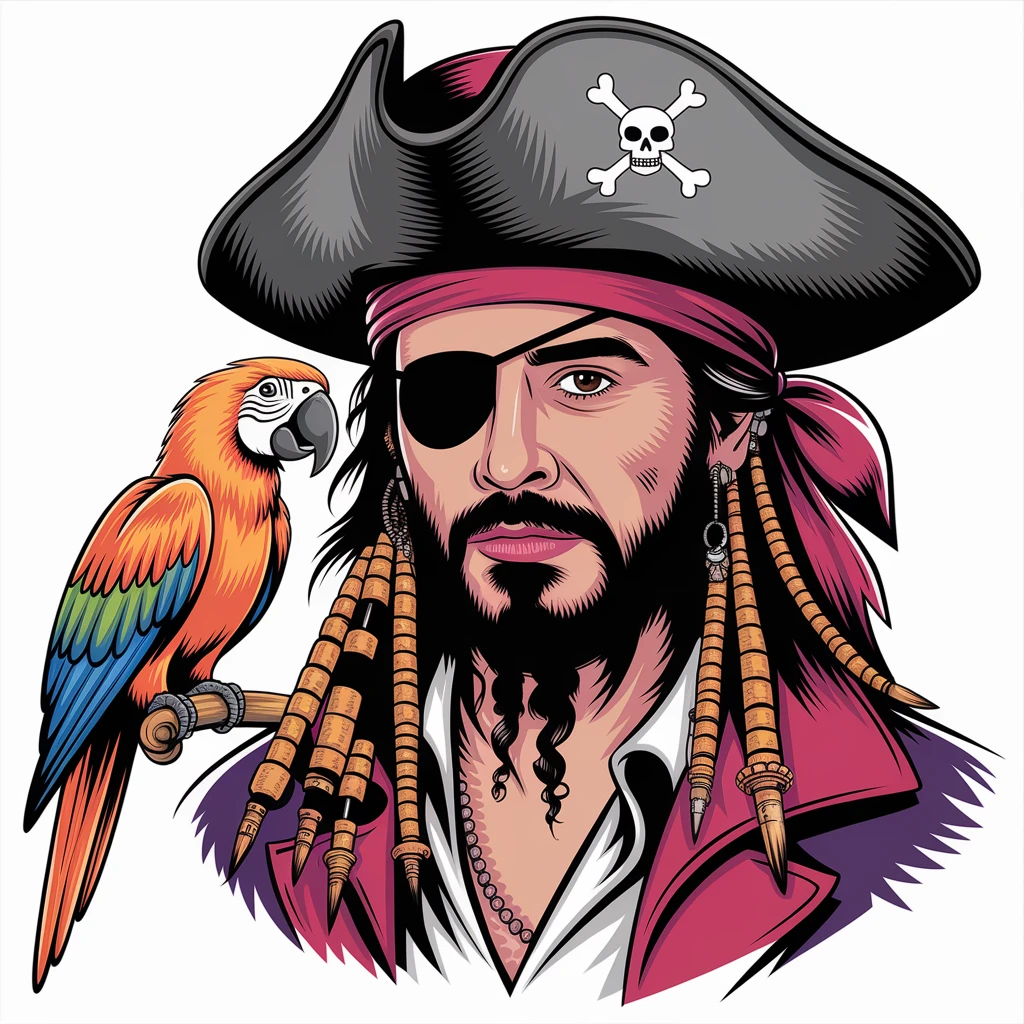 digital vector art of pirate with eye patch and parrot emoji