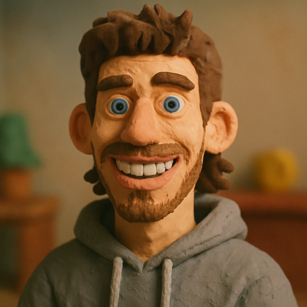 20 year old man, short scruffy beard and thin moustache, brown puffy mullet, blue eyes, big smile, white teeth, big lips, pronounced jaw, hair longer in back, sticking up on top, thin face, grey hooded sweatshirt, blue eyes emoji