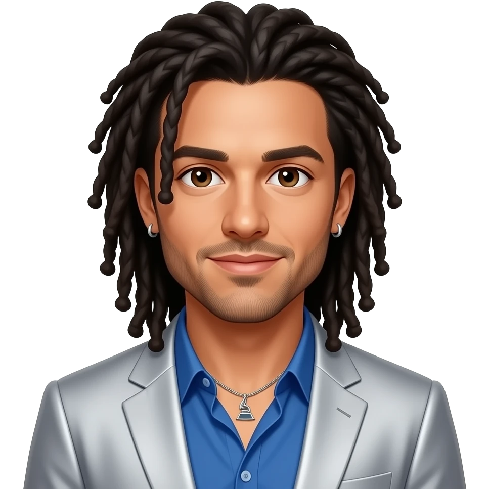 Chris Kirkpatrick from NSYNC with brown eyes, long black dreads, grammy blue shirt and silver suit jacket, necklace and earrings emoji