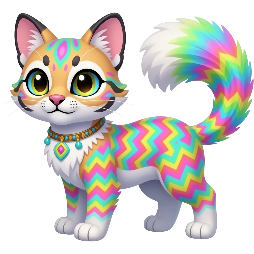 Colorful tropical tribal pale light fruity pastel white glorious iridescent divine exotic cute albino neon vibrant zigzagged cool beautiful fantasy-caracal-civet-genet-sergal-vernid-Gryphon-Cacomistle-Trico-oncilla-animal-Fakémon-hybrid-fursona (full body), facial markings, emoji