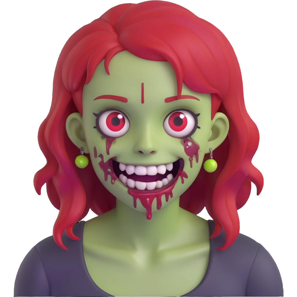 zombie girl with red hair, braces, and nose piercings, 3D emoji style emoji