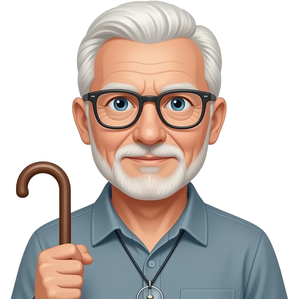 Azme ha un hombre con unas gafas colgando del cuello y el pelo blanco y un baston. emoji