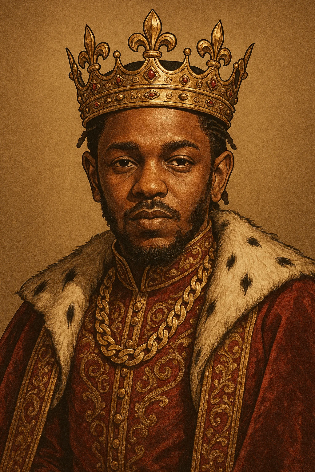 Kendrick Lamar depicted as a king, wearing a crown and regal attire, confident expression, modern hip-hop vibe, detailed illustration emoji