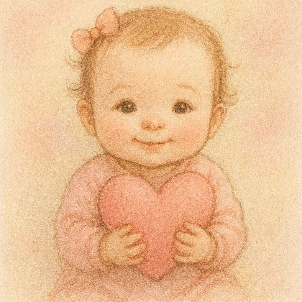 A baby girl holds a heart emoji