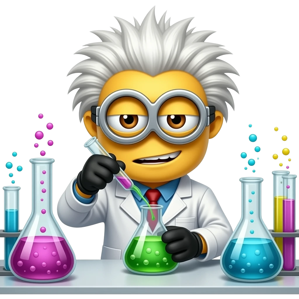 evil scientist minion in lab coat with wild white hair mixing potions emoji