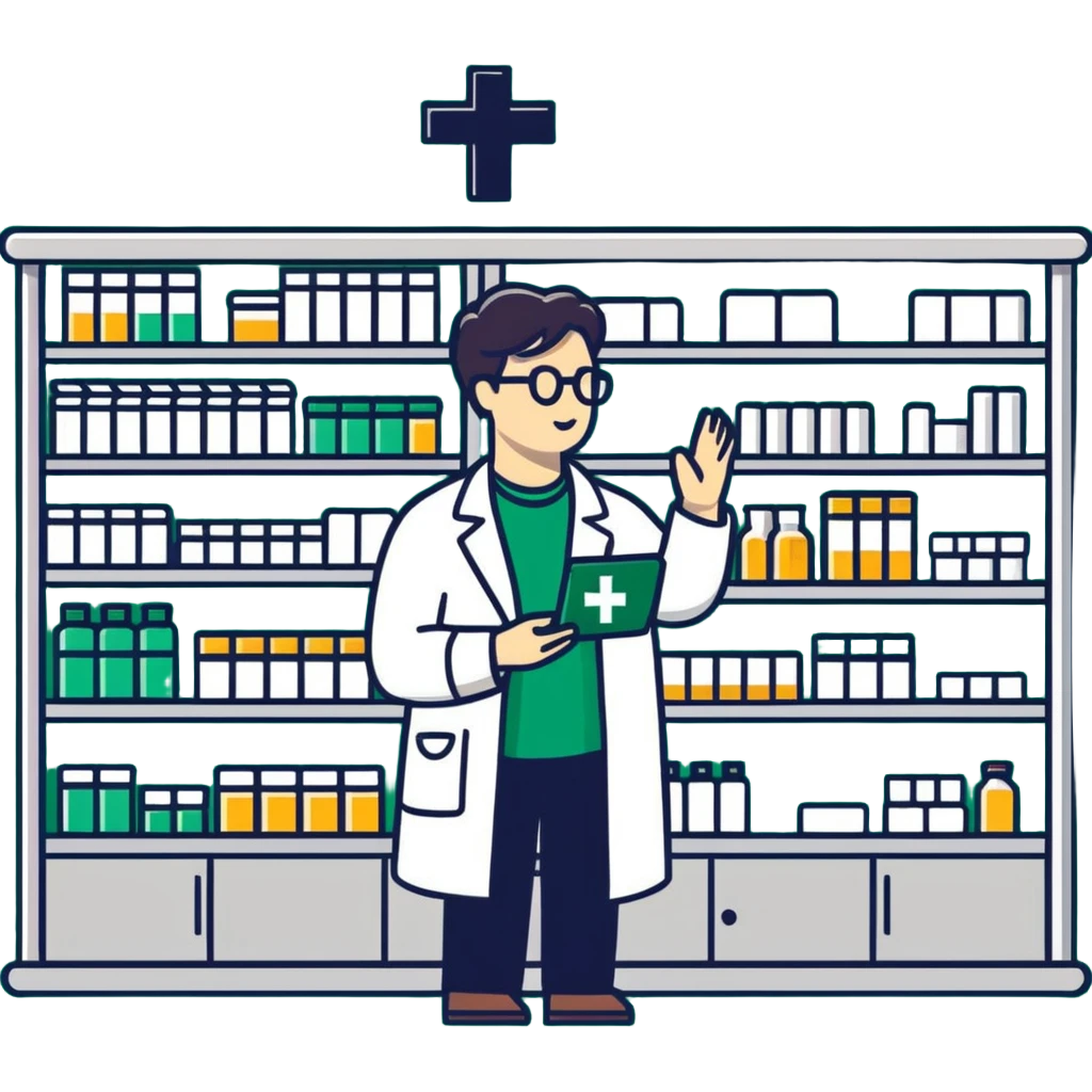 pharmacy shelves, pharmacist, dark green cross sign emoji
