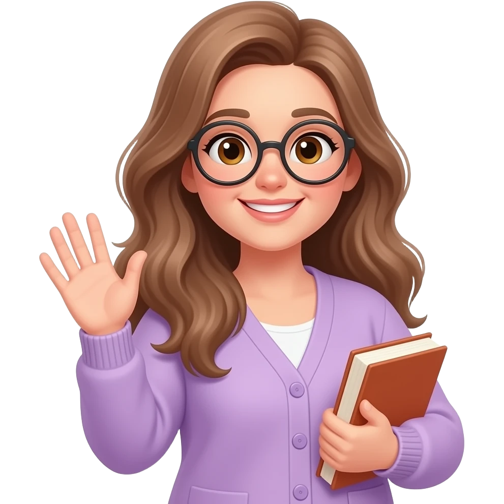 detailed emoji illustration of a curvy woman with long light brown wavy hair, light brown eyes and round glasses waving with one hand while holding a book in the other, wearing a pastel purple cardigan, friendly and cheerful expression, cute emoji style emoji