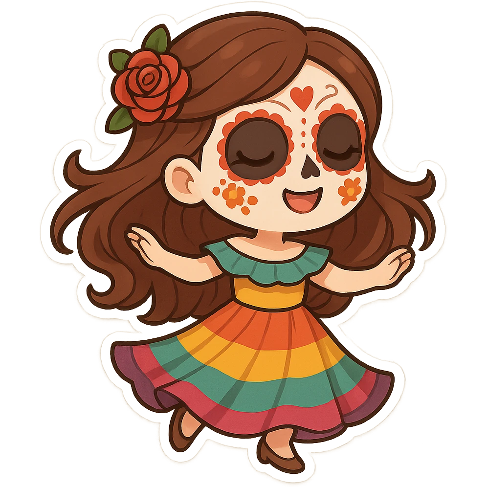 一个身穿彩裙的女孩，脸上画着万灵节的妆容，跳舞 emoji