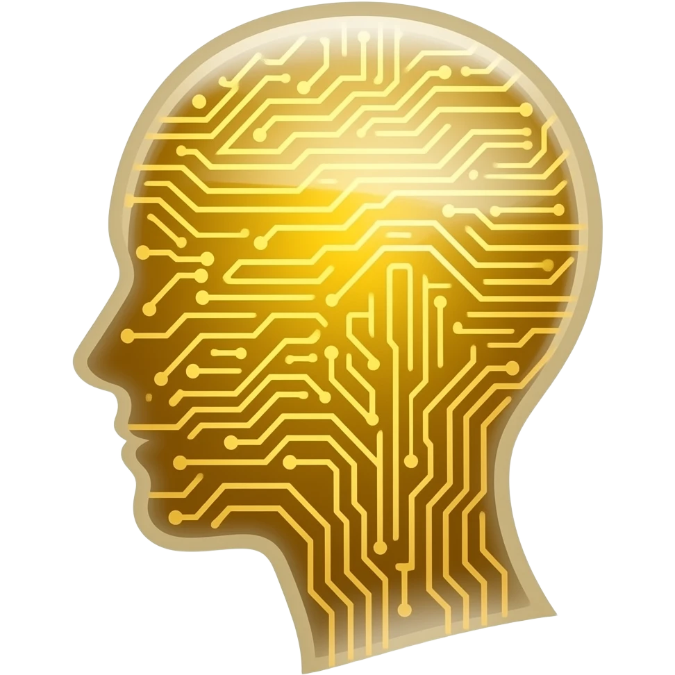 glowing gold human head silhouette with a transparent effect,-filled-with-interconnected-circuit-lines-and-neural-nodes,-symbolizing-artificial-intelligence emoji