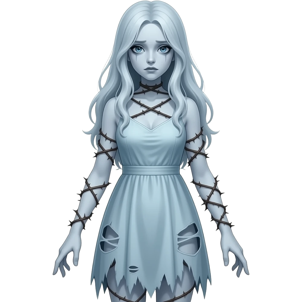 Gloomy ghostly fair lady with long ragged torn tattered dress, thorns across arms and legs, depressed blue emoji