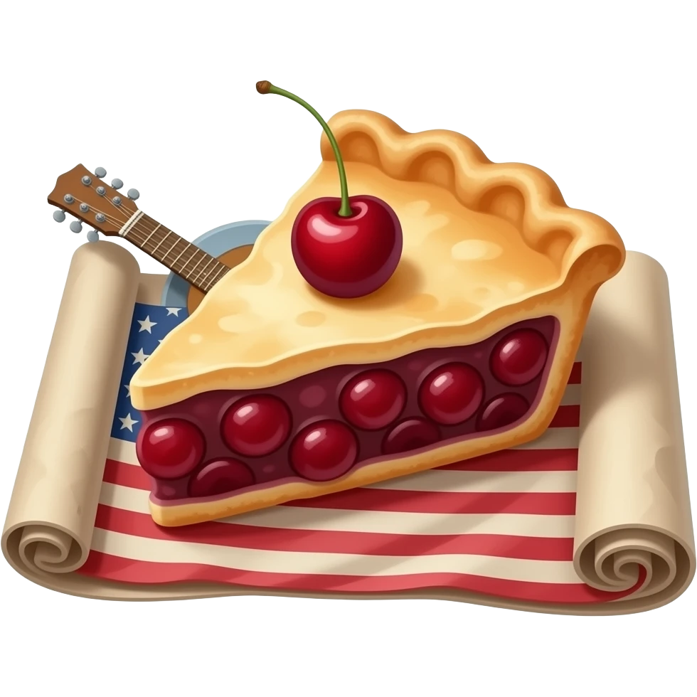 An old guitar peeks out from a piece of cherry pie that is placed on a rolled-up old American flag. emoji