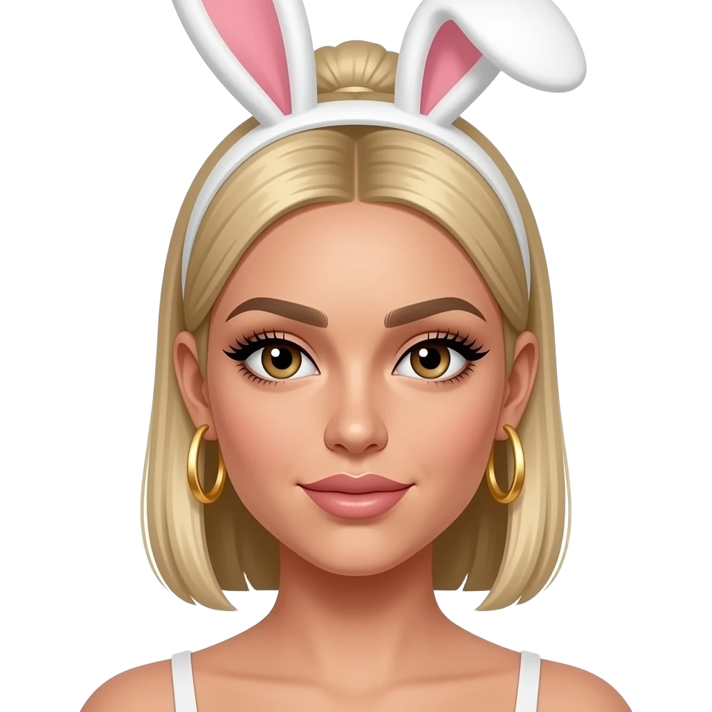 make me a latina girl with blonde hair out and straightened with eyelash extensions and thin brows and dyed brows, make her have fake tan and slick back bun with bunny ears on top and makre sure she has gold earrings emoji
