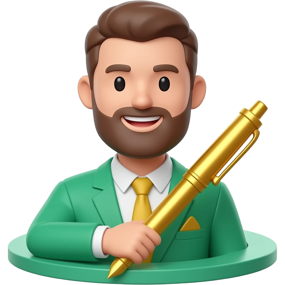 3D isometric face icon, confident smile, holding a golden pen.
Minimalist professional style, emerald green & gold accents.
Soft studio lighting, 8k Octane render, ray-tracing detail.
Isolated on white background, premium literary aesthetic --v 6.0 emoji