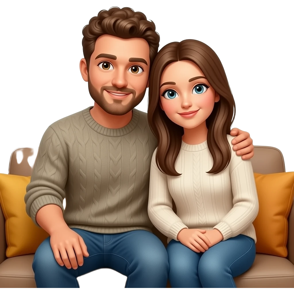 Realistic white man brown super short curly hair with beard being cozy with realistic white girl brown long straight hair on couch autumn emoji