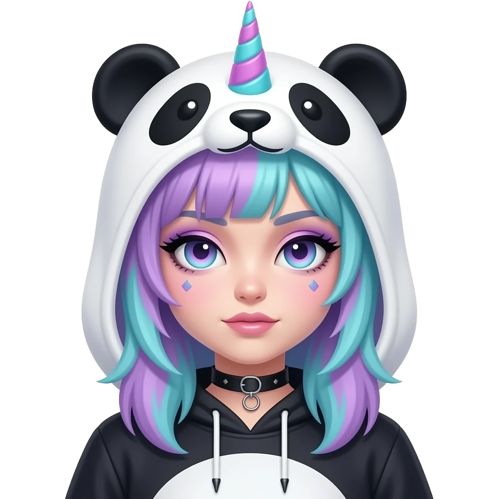 Pastel goth unicorn panda girl with hoodie and a long choppy emo emo/scene haircut. She has a purple and cyan color palette emoji